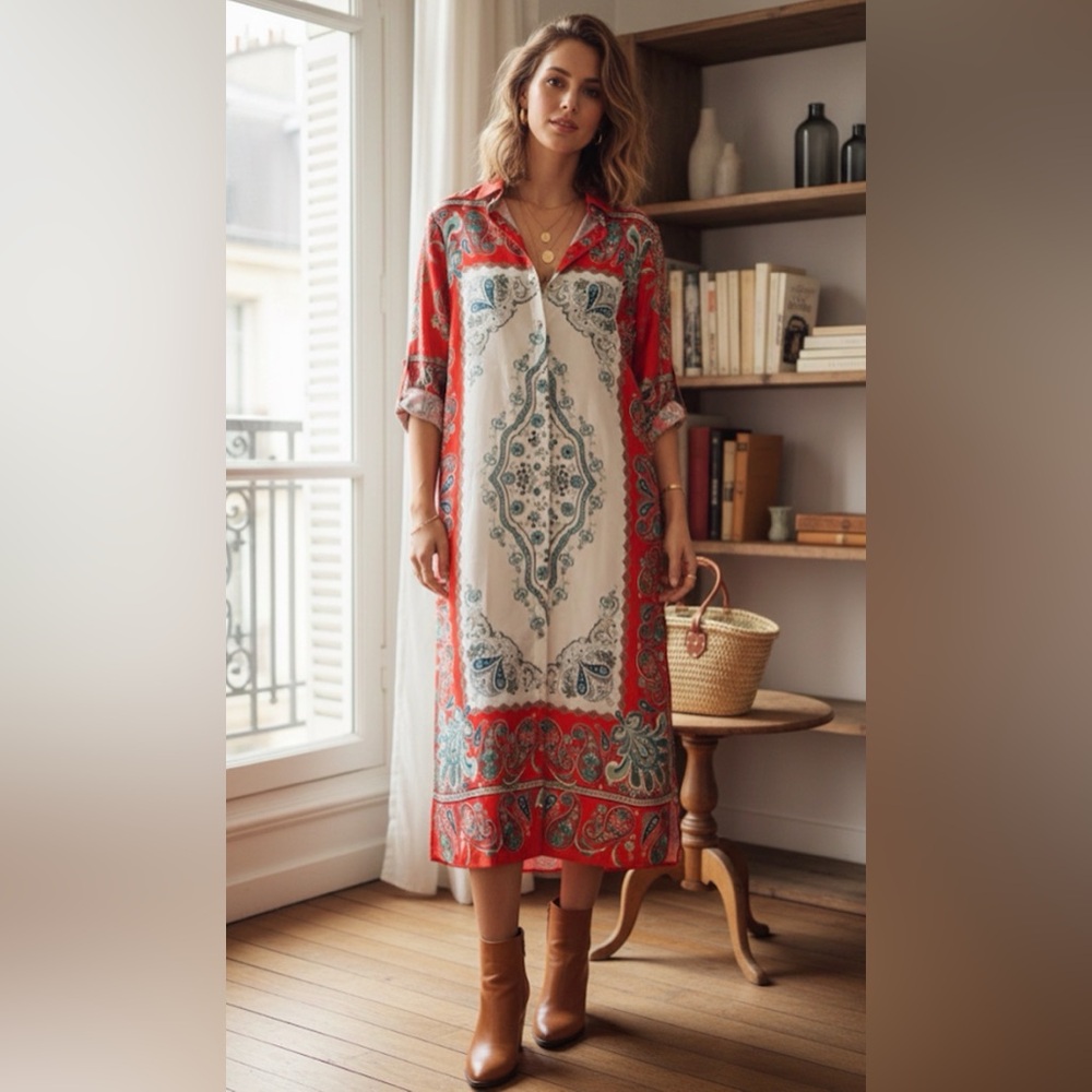Zara Red and Cream Printed Midi Dress